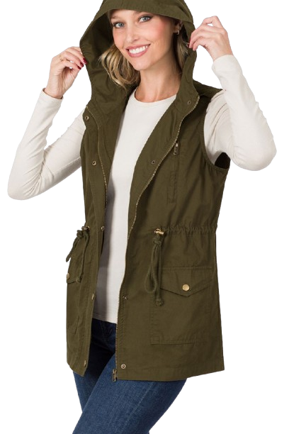 Olive Utility Vest With Drawstring Waist Hood