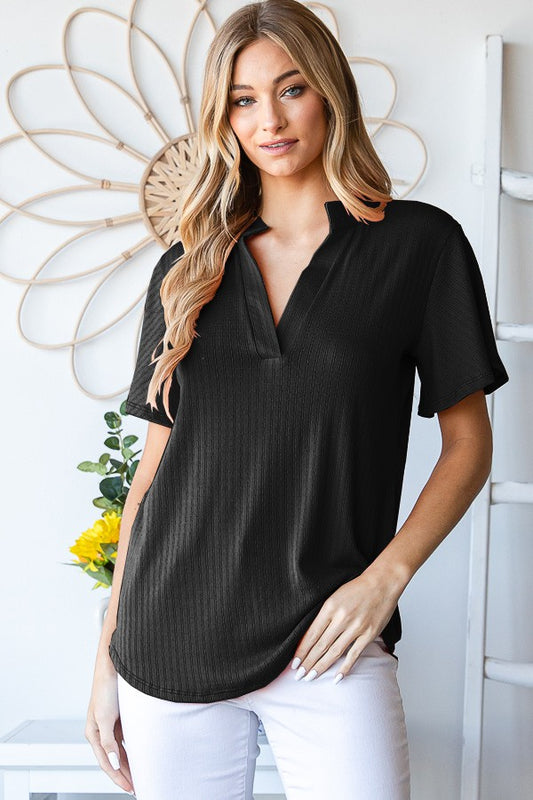 Mandarin Collar V-Neck Top in Black