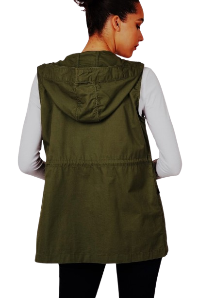 Olive Utility Vest With Drawstring Waist & Hood