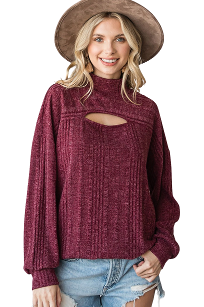 Ribbed Mock Neck Front Cutout Long Sleeve Top