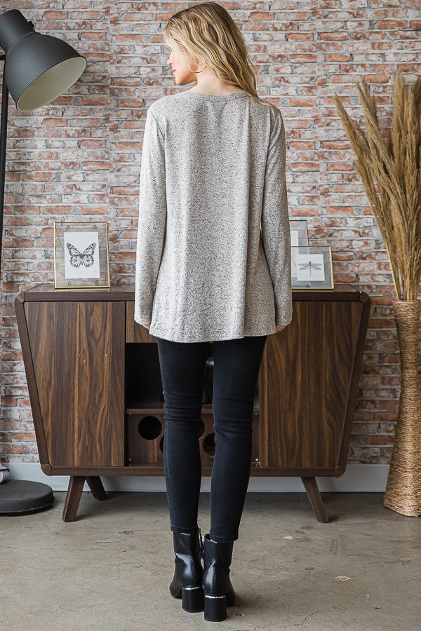 Heathered Grey Long Sleeve Top With Lace Trim