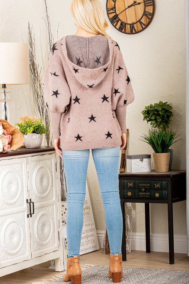 Star Print Hooded V-Neck Sweater in Mocha