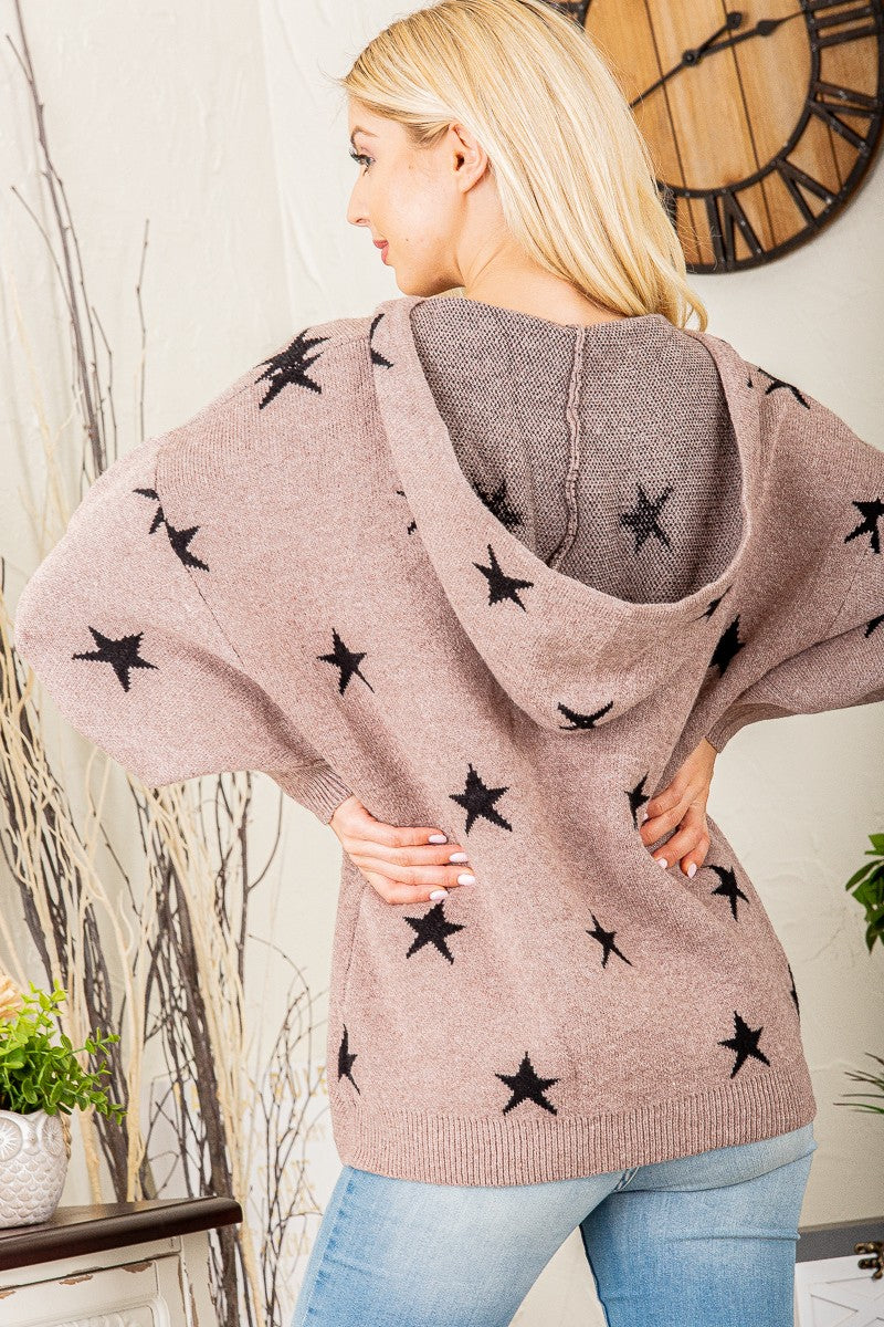 Star Print Hooded V-Neck Sweater in Mocha