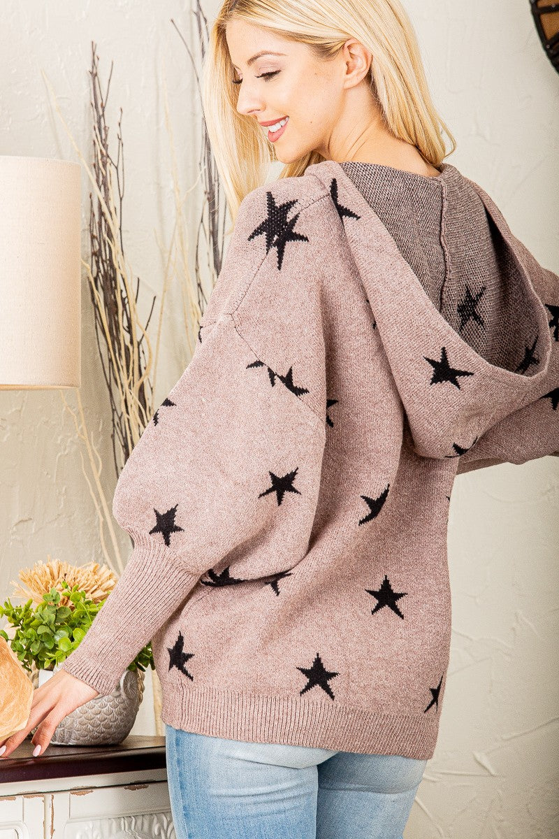 Star Print Hooded V-Neck Sweater in Mocha