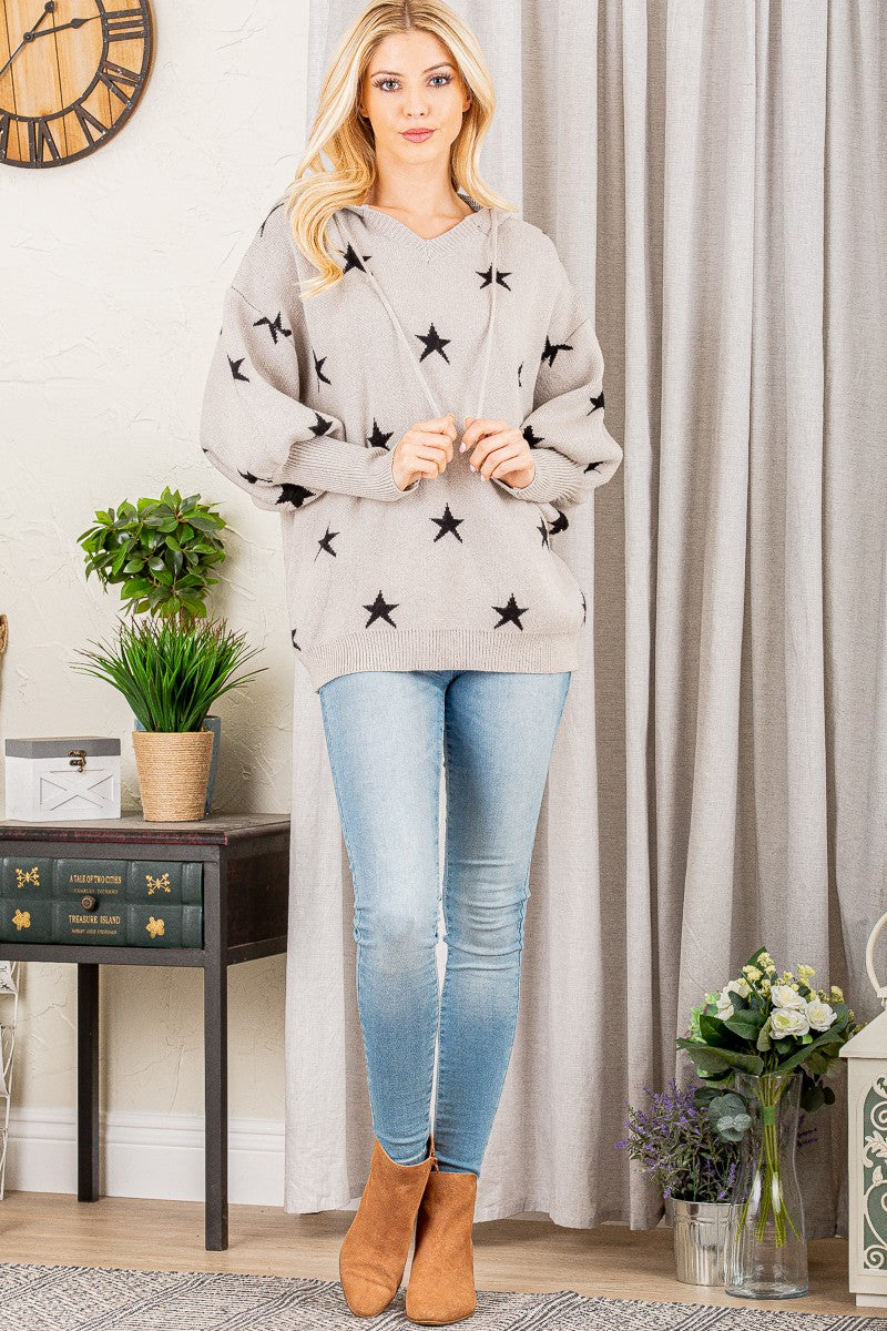 Star Print Hooded V-Neck Sweater in Grey