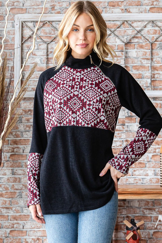 Aztech Print Turtleneck Top