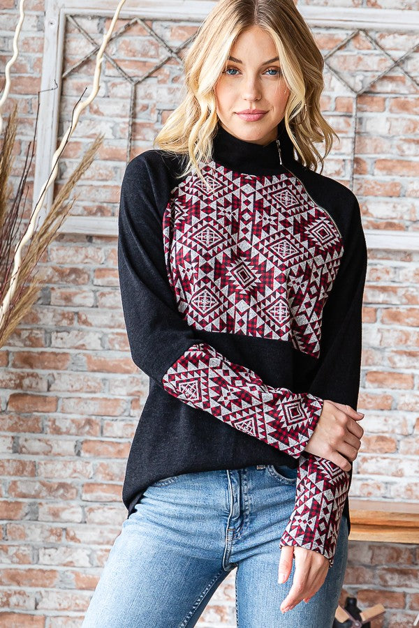 Aztech Print Turtleneck Top