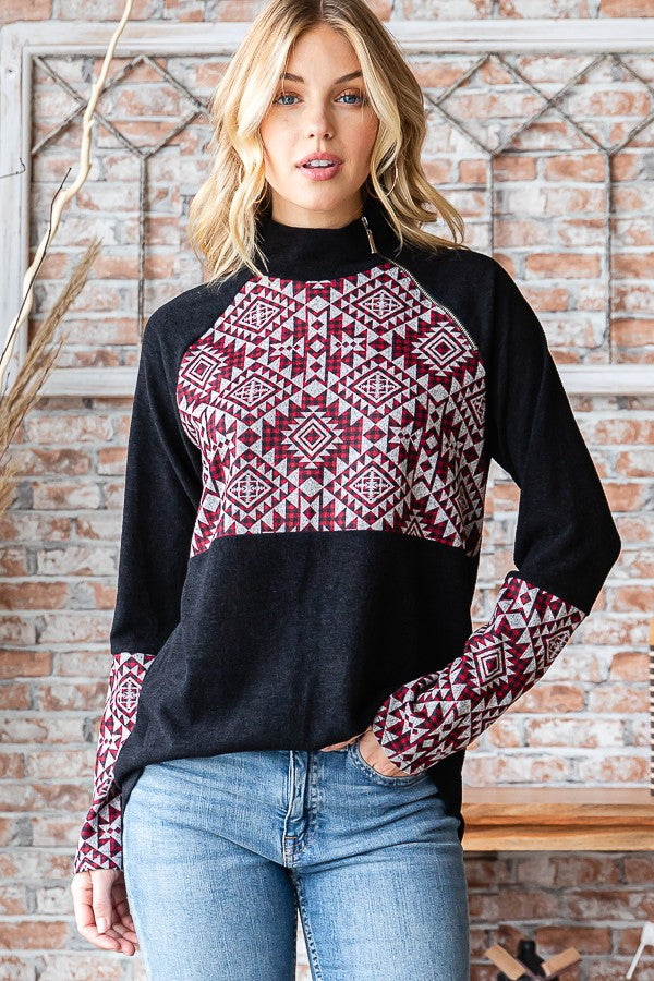 Aztech Print Turtleneck Top