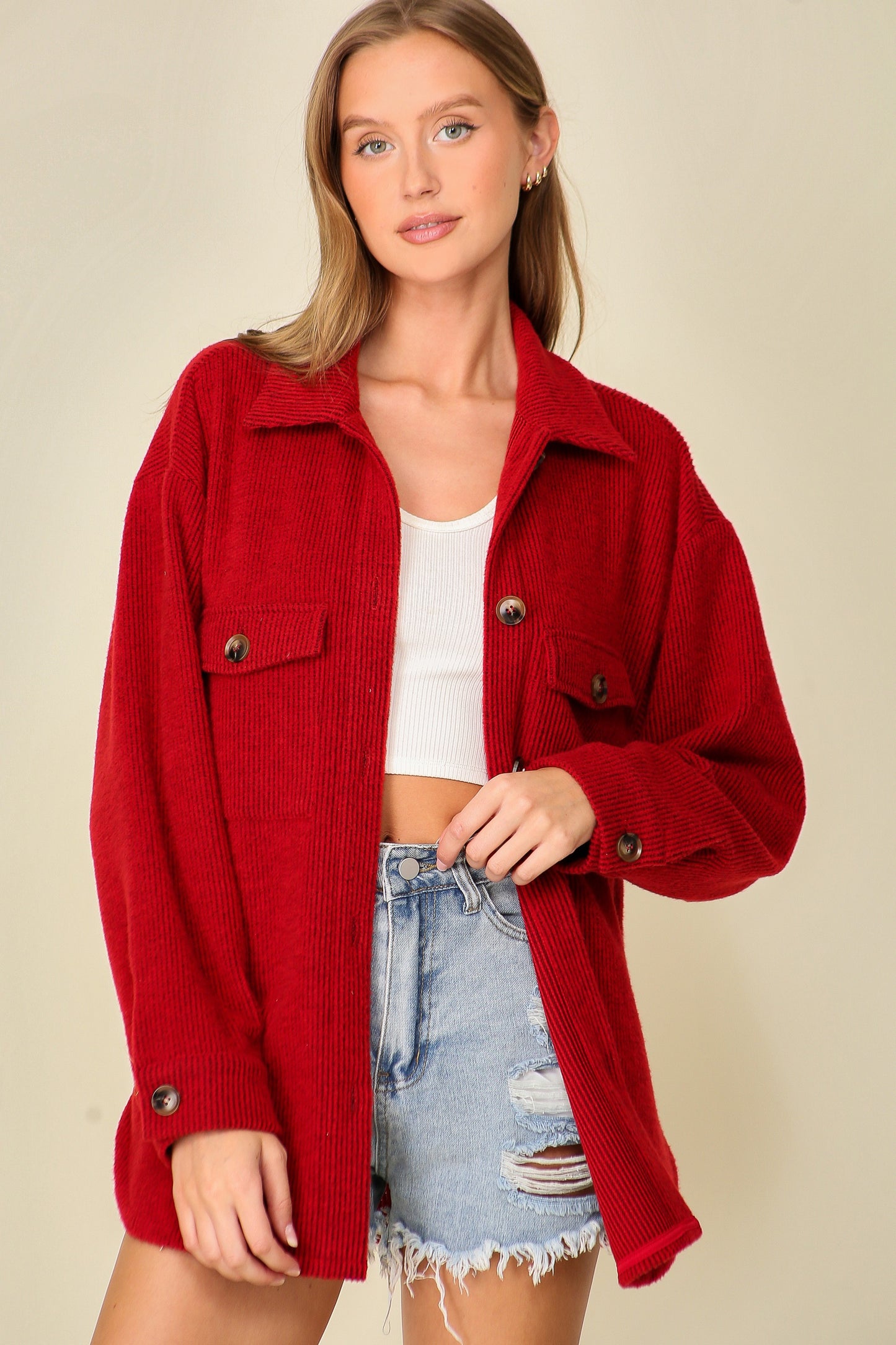 Soft Button Front Shacket in Red