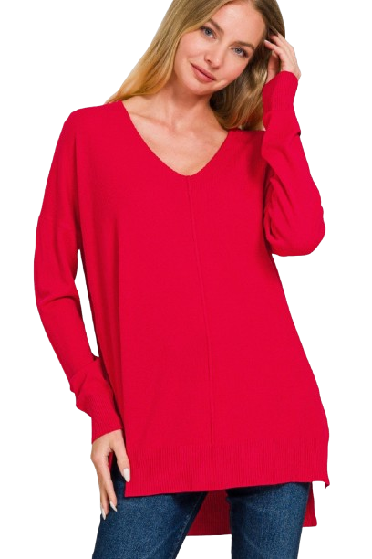 Oversized V-Neck Center Seam Tunic in Red