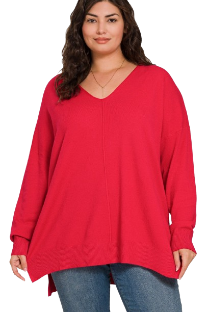 Oversized V-Neck Center Seam Tunic in Red