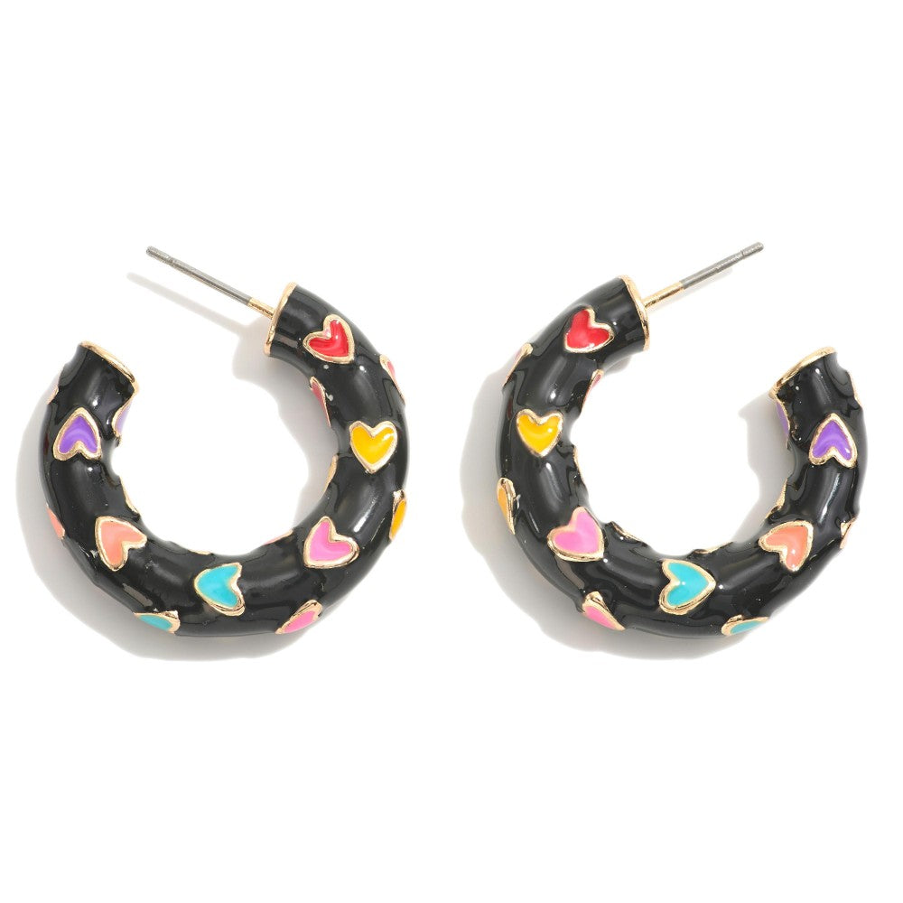Black Enamel Rainbow Heart Hoop Earrings