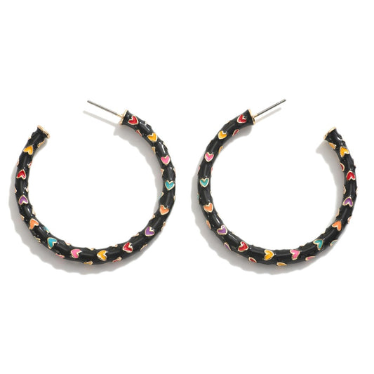 Large Black Enamel Rainbow Heart Hoop Earrings