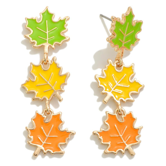 Linked Enamel Leaf Drop Earrings