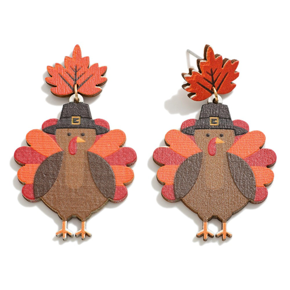 Wooden Turkey Thanksgiving Drop Earrings