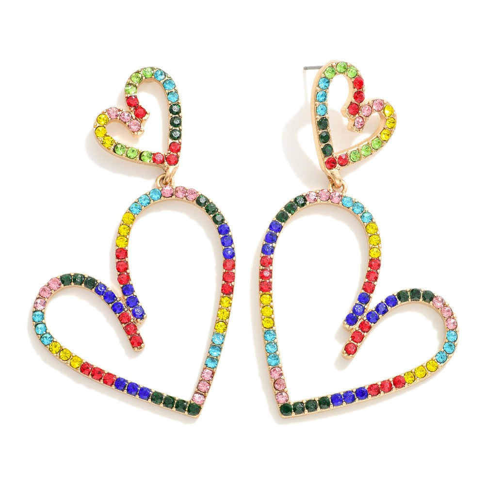 Rainbow Rhinestone Double Heart Earrings