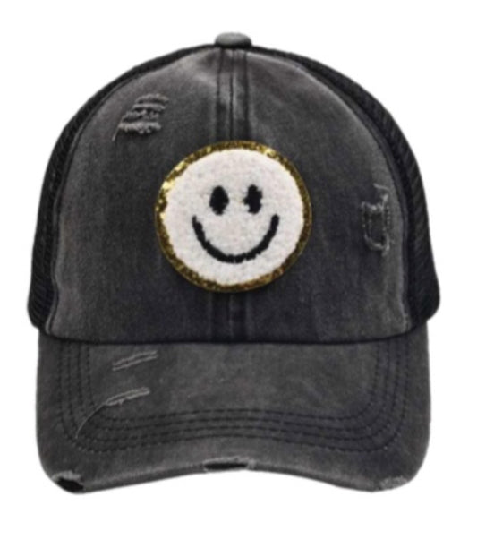 Smiley Patch Criss Cross Back Baseball Hat in Black, Mustard or Pink