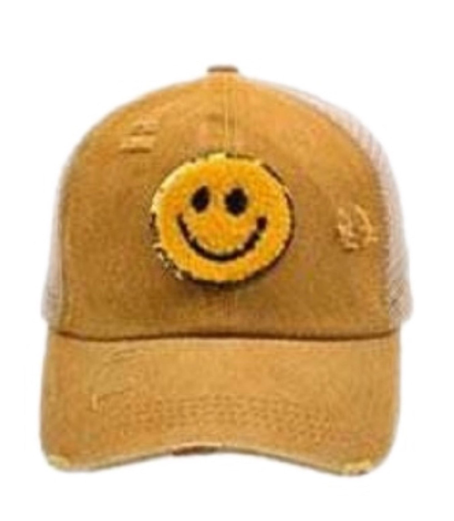 Smiley Patch Criss Cross Back Baseball Hat in Black, Mustard or Pink