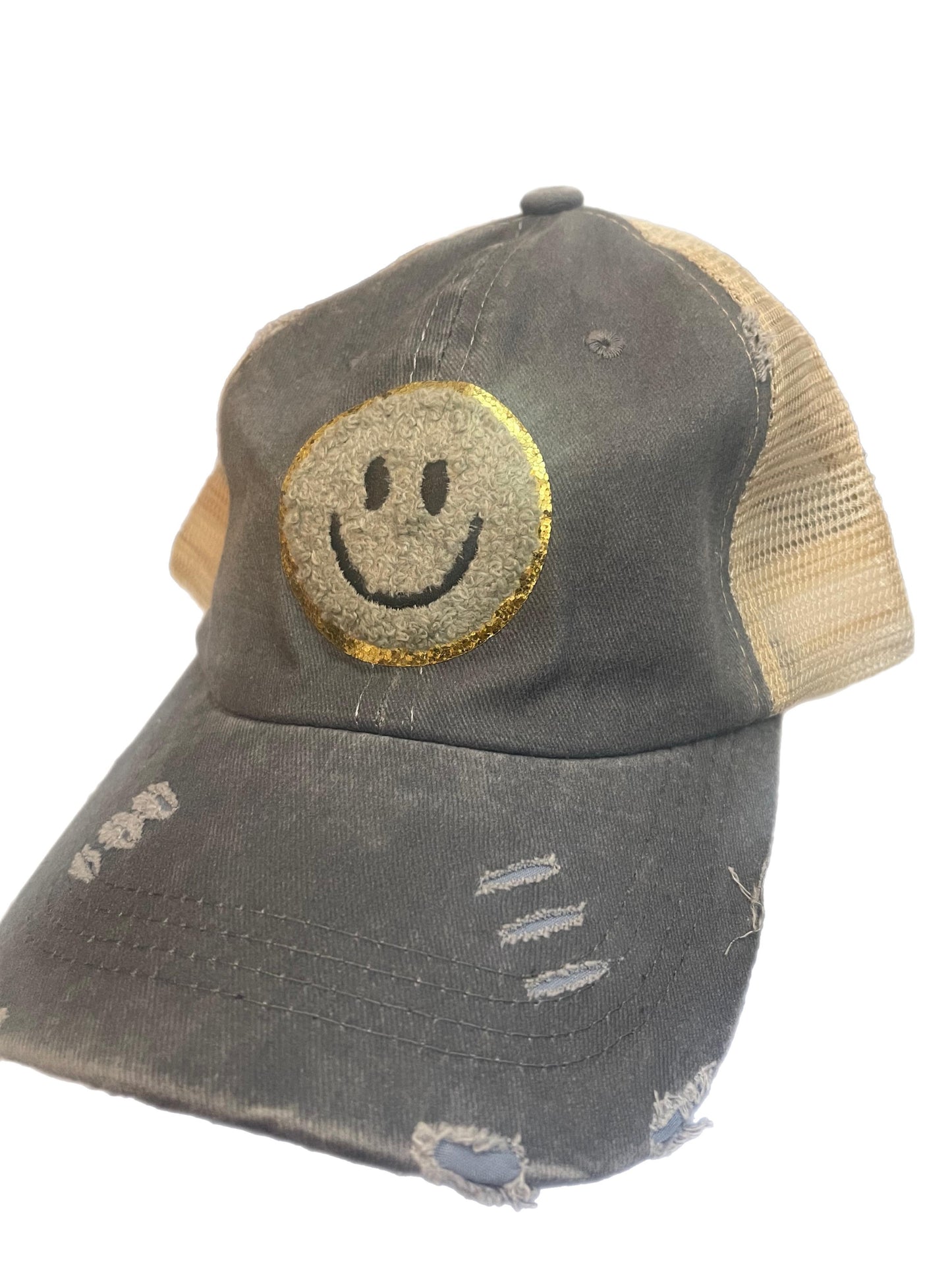 Smiley Patch Grey Ponytail Baseball Hat