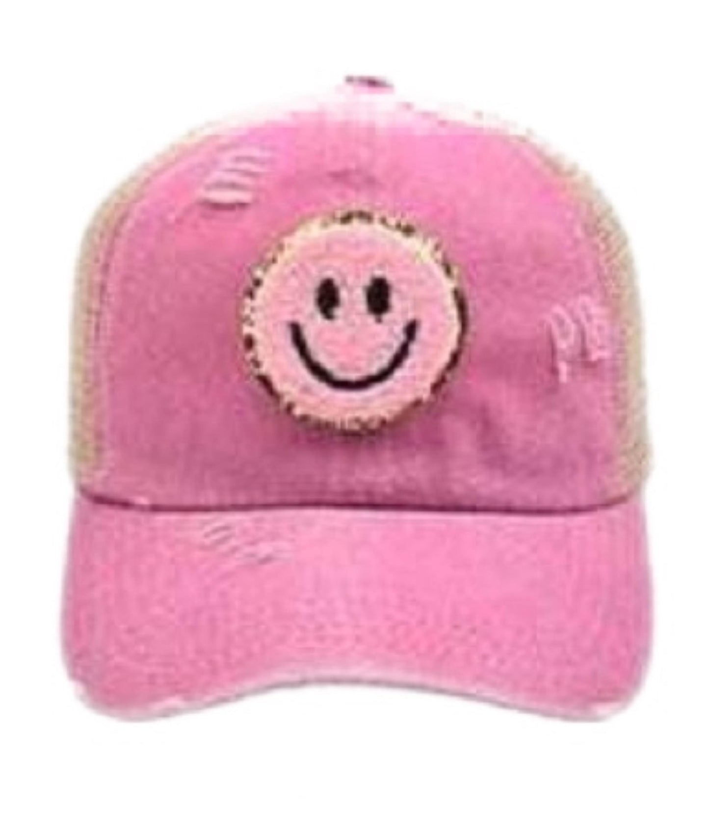 Smiley Patch Criss Cross Back Baseball Hat in Black, Mustard or Pink