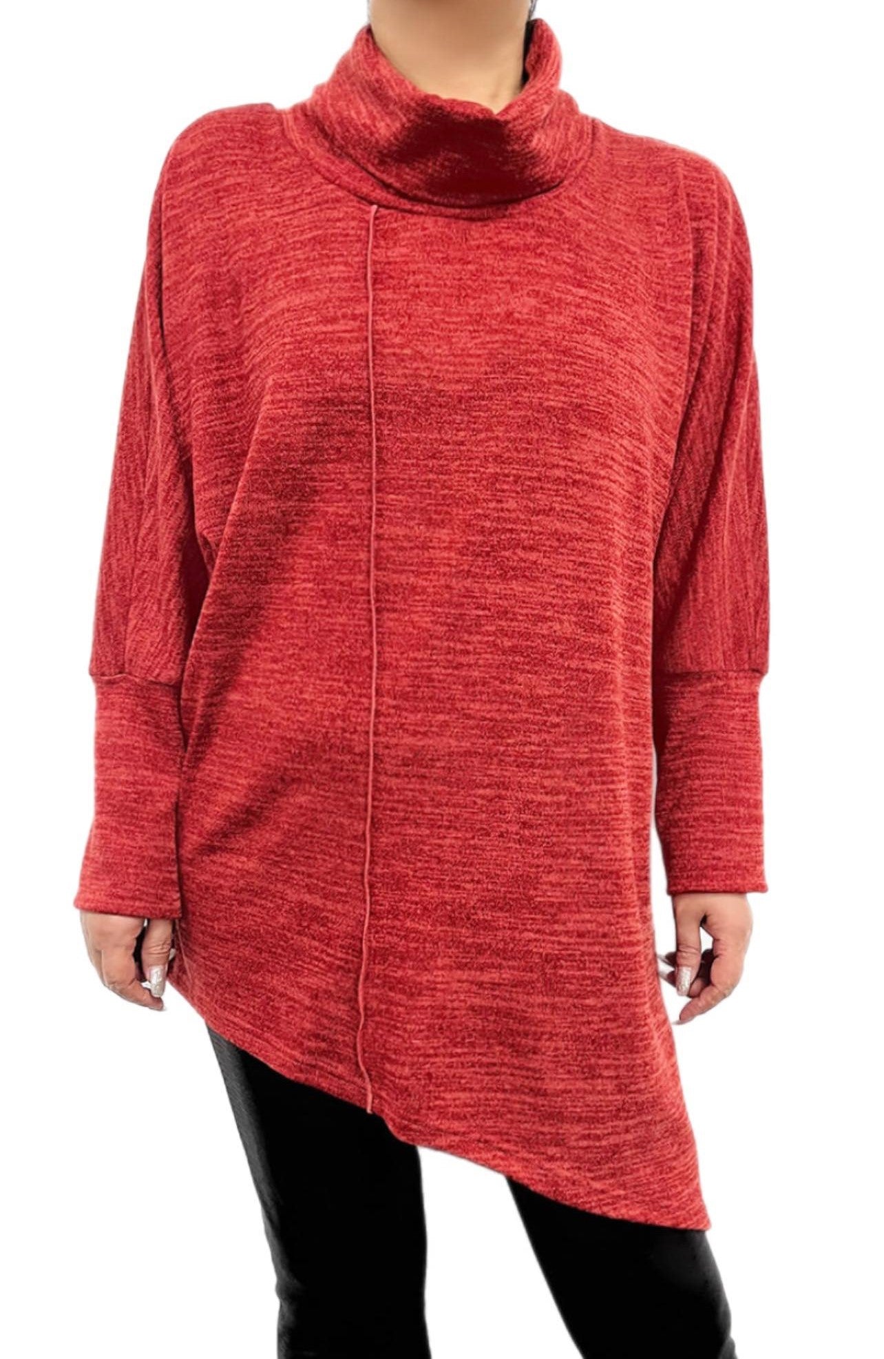 Asymmetrical Hem Cowl Neck Tunic in Red