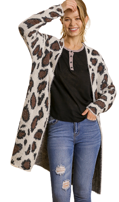 Animal Print Long Sleeve Fuzzy Cardigan