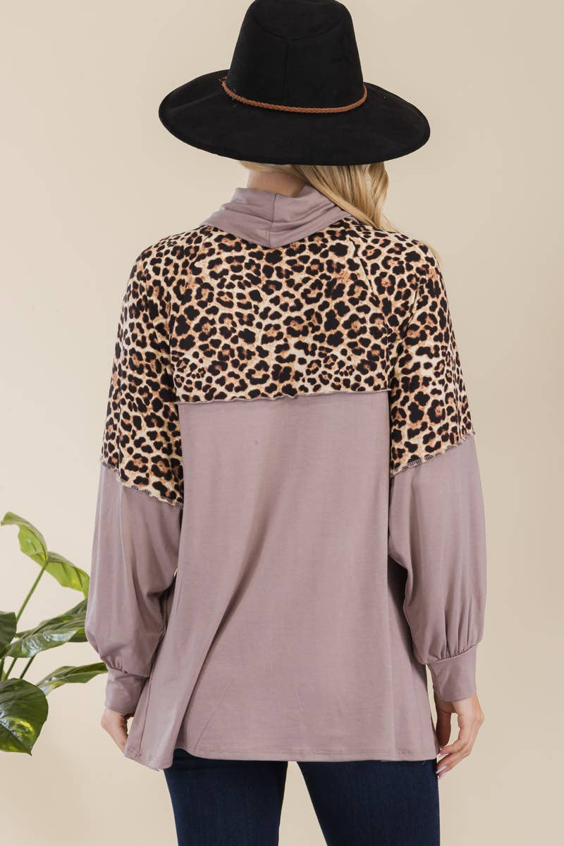 Cowl Neck Long Sleeve Mocha Top With Animal Print