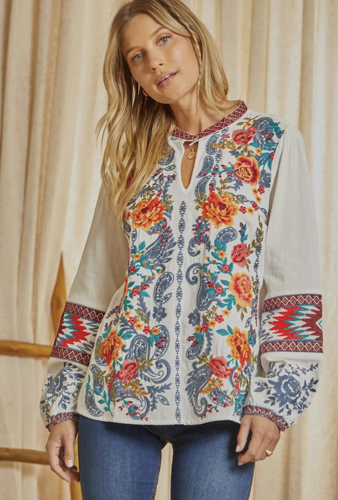 Long Sleeved Embroidered Floral Top