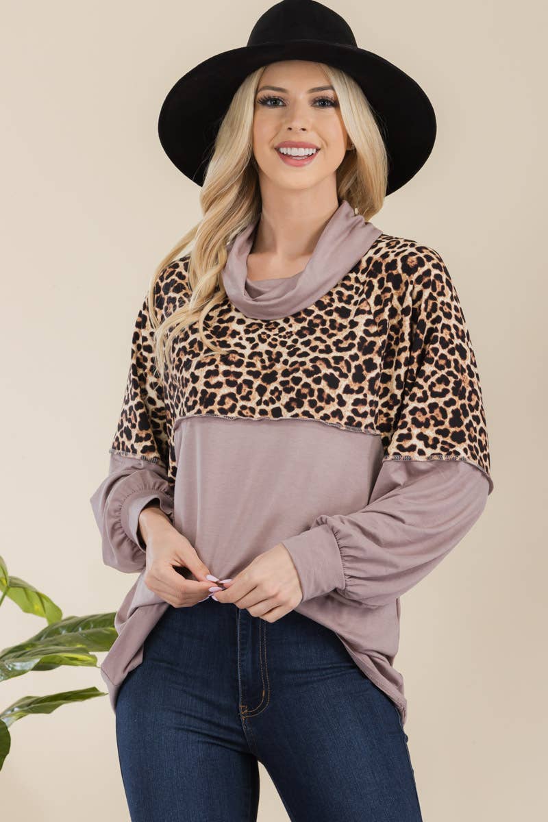 Cowl Neck Long Sleeve Mocha Top With Animal Print