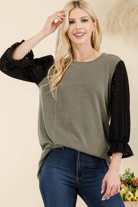 Olive Ribbed Top With Eyelet Sleeves