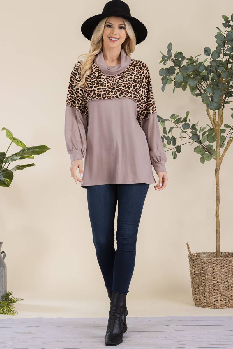 Cowl Neck Long Sleeve Mocha Top With Animal Print