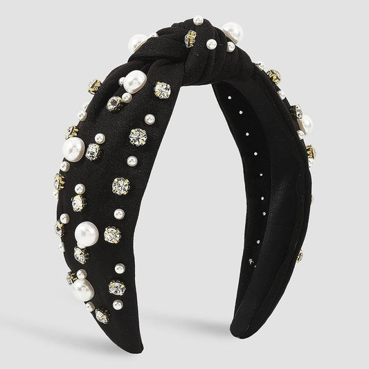 Knotted Rhinestone & Pearl Headband Black