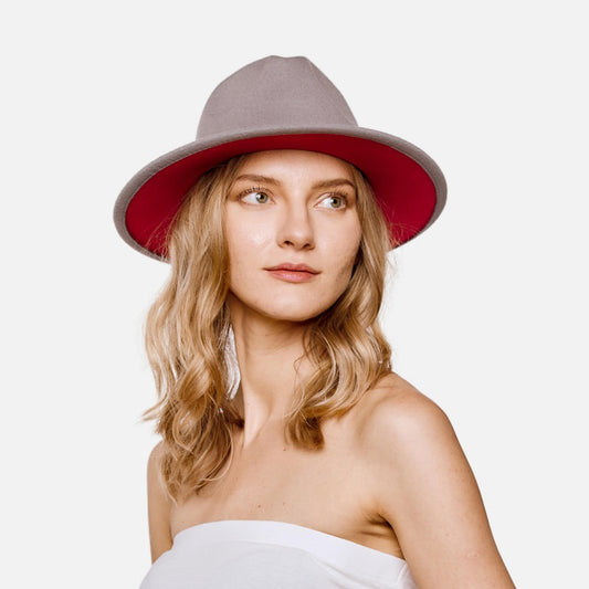 Two Tone Felt Wide Brim Hat in Grey/Red