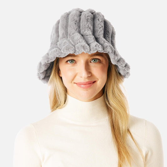 Segmented Faux Fur Bucket Hat in Grey