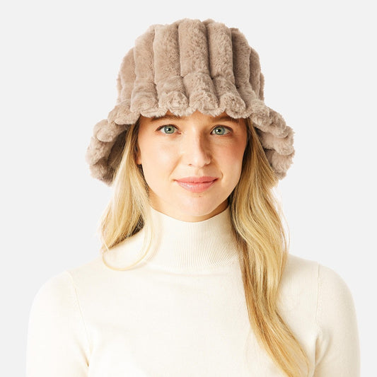 Segmented Faux Fur Bucket Hat in Taupe