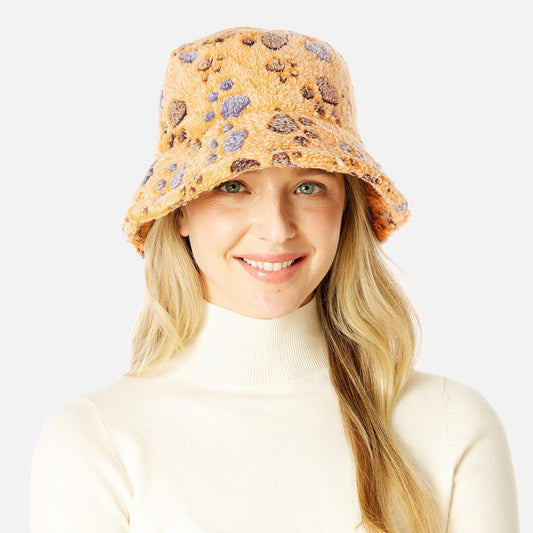 Paw Print Faux Fur Bucket Hat in Beige