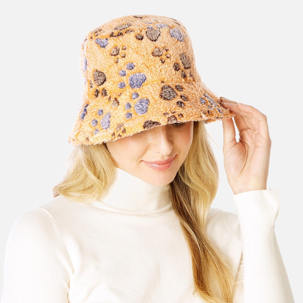 Paw Print Faux Fur Bucket Hat in Beige