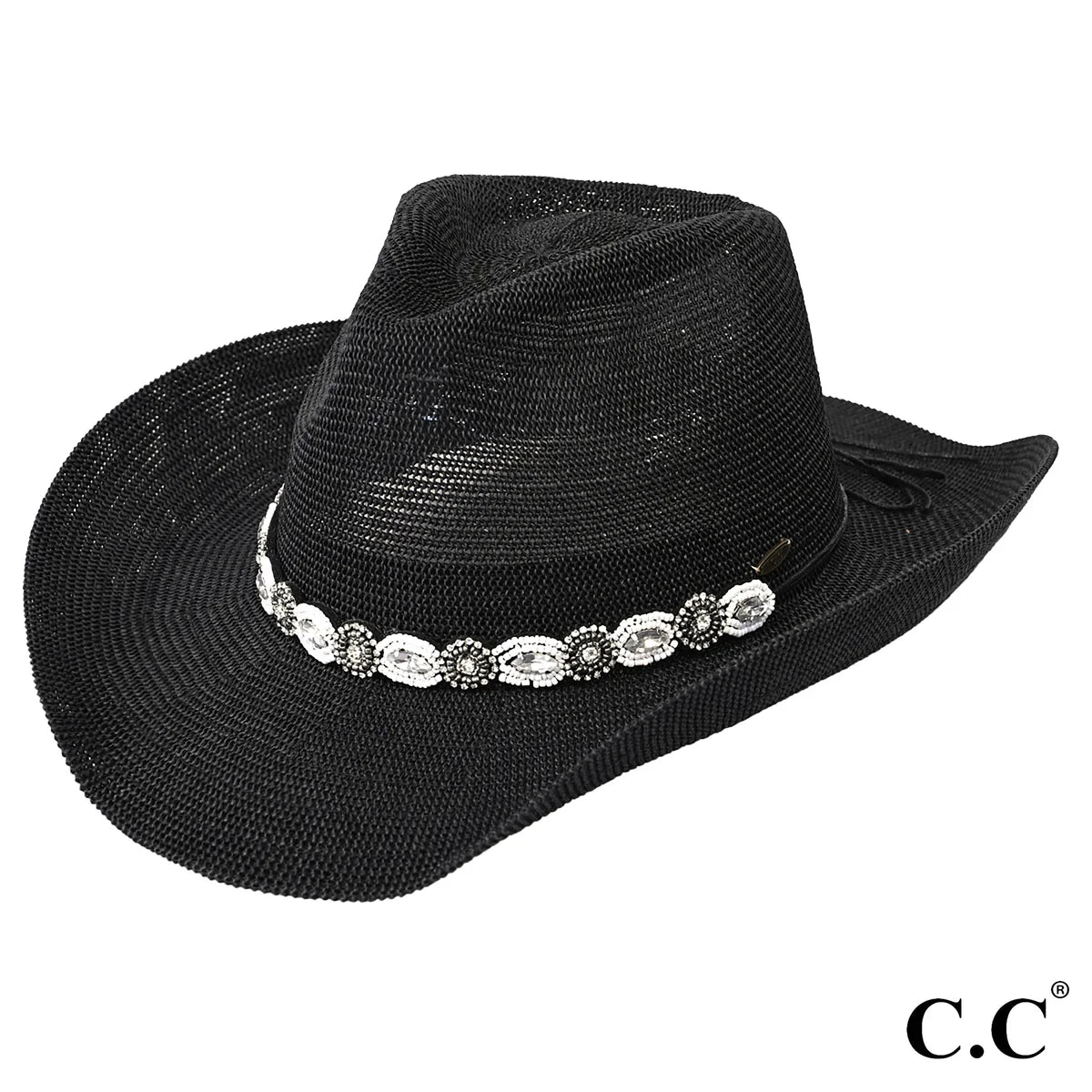 Cowboy Hat in Black with Pearl & Rhinestone Band