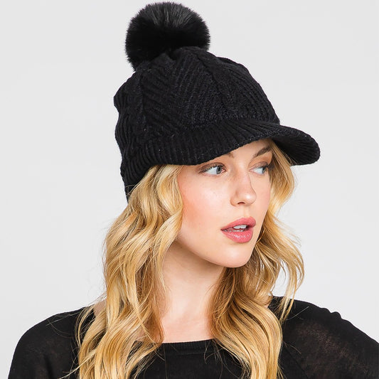 Knit Brimmed Beanie with Pom in Black