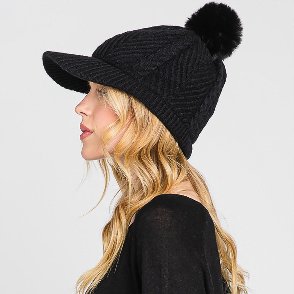 Knit Brimmed Beanie with Pom in Black