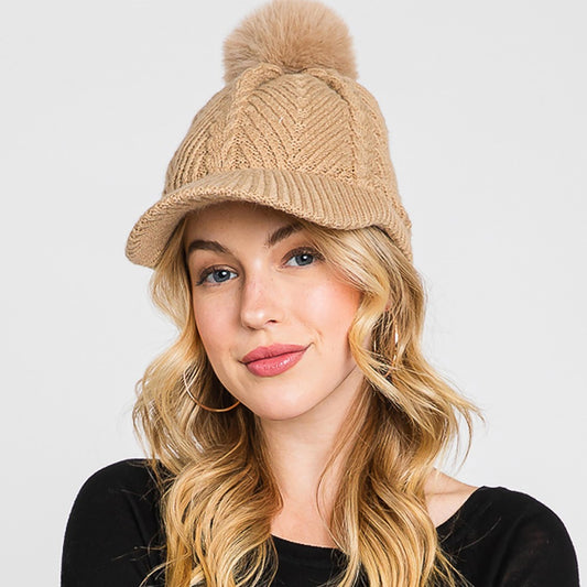 Knit Brimmed Beanie with Pom in Camel