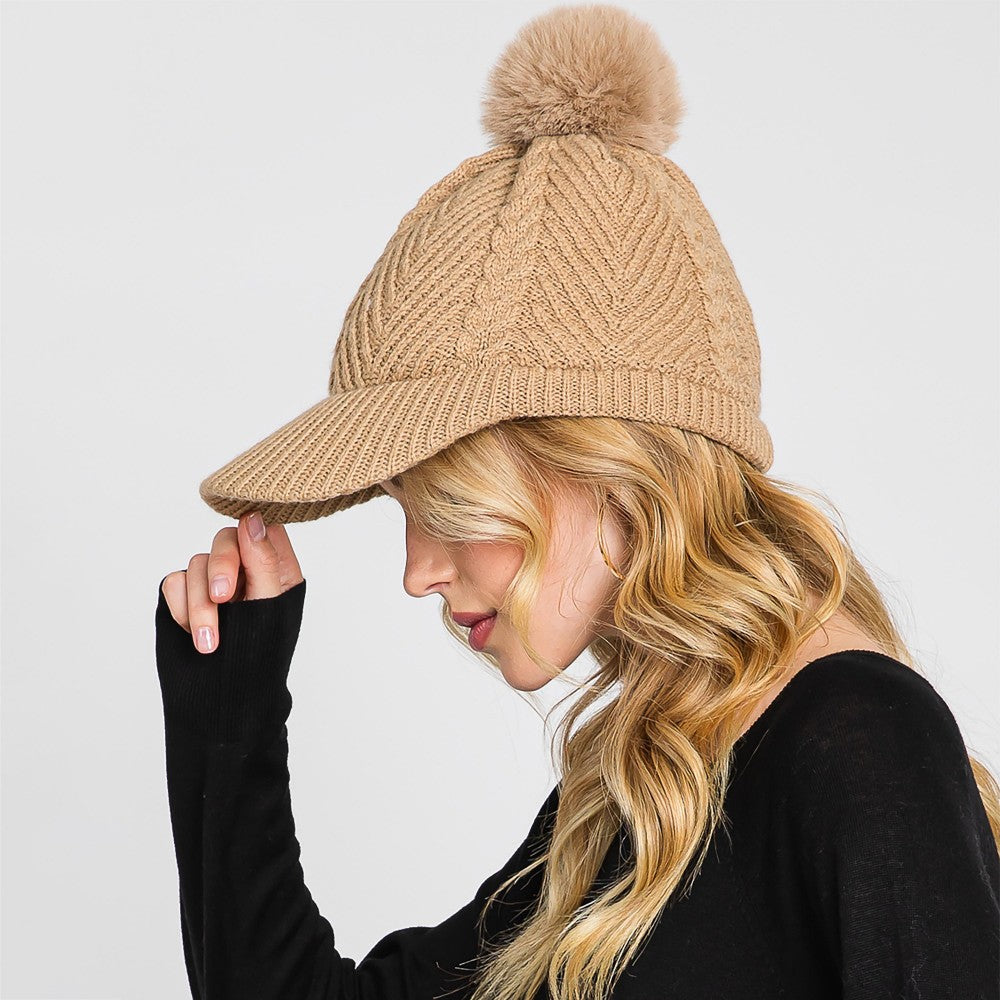 Knit Brimmed Beanie with Pom in Camel