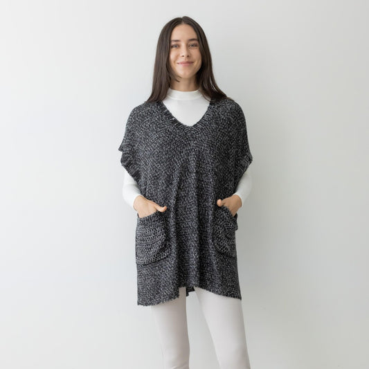 V Neck Knit Poncho Sweater With Pockets