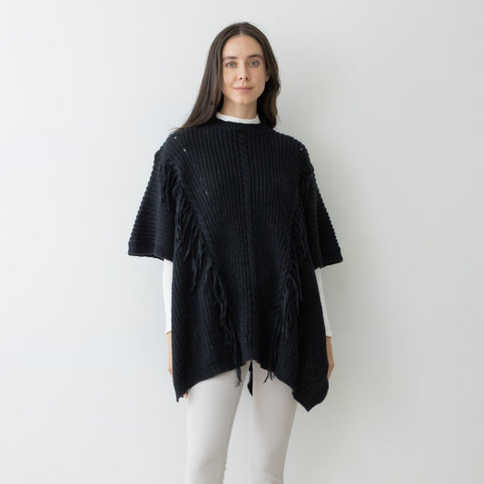 Fringe Poncho in Black