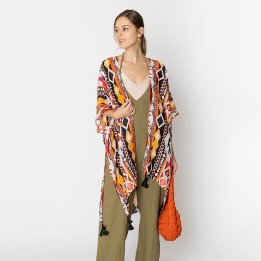 Orange & Black Aztech Print Kimono with Tassels