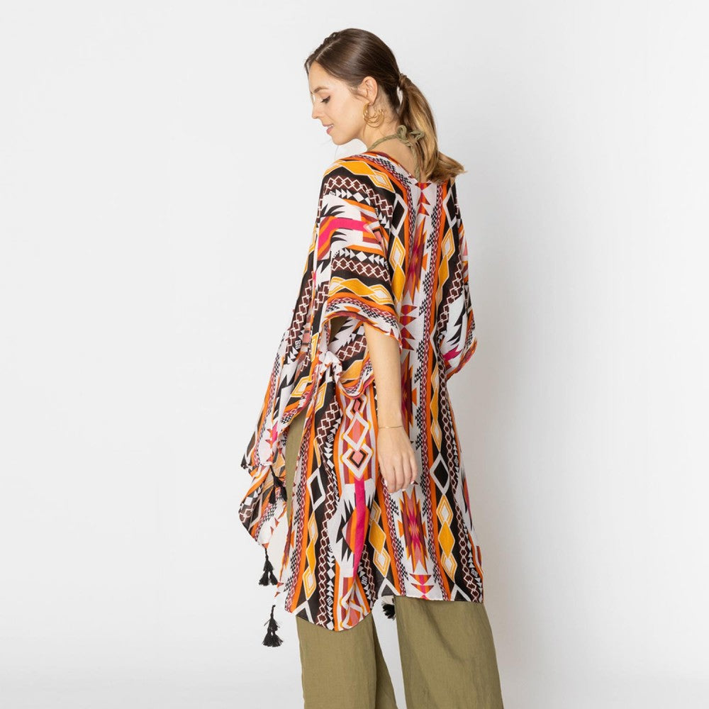 Orange & Black Aztech Print Kimono with Tassels