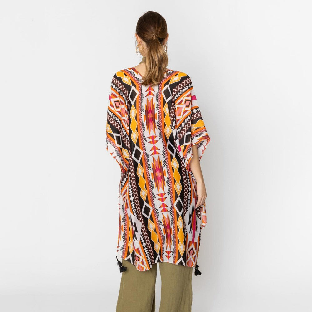 Orange & Black Aztech Print Kimono with Tassels