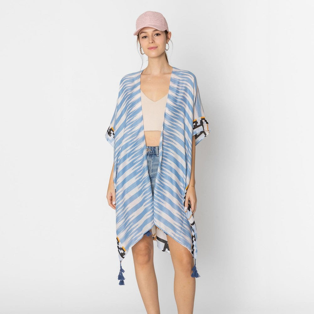 Blue Striped Aztech Print Kimono with Tassels