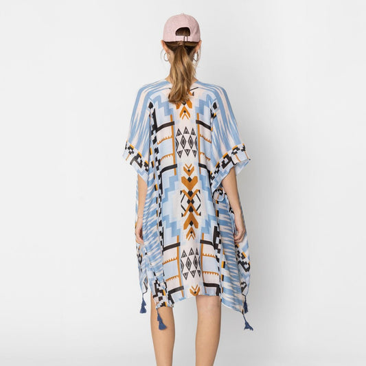 Blue Striped Aztech Print Kimono with Tassels