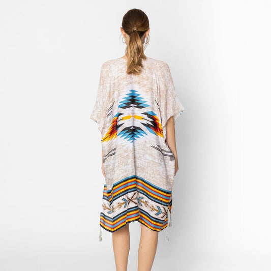 Ivory Aztech Print Kimono with Tassels